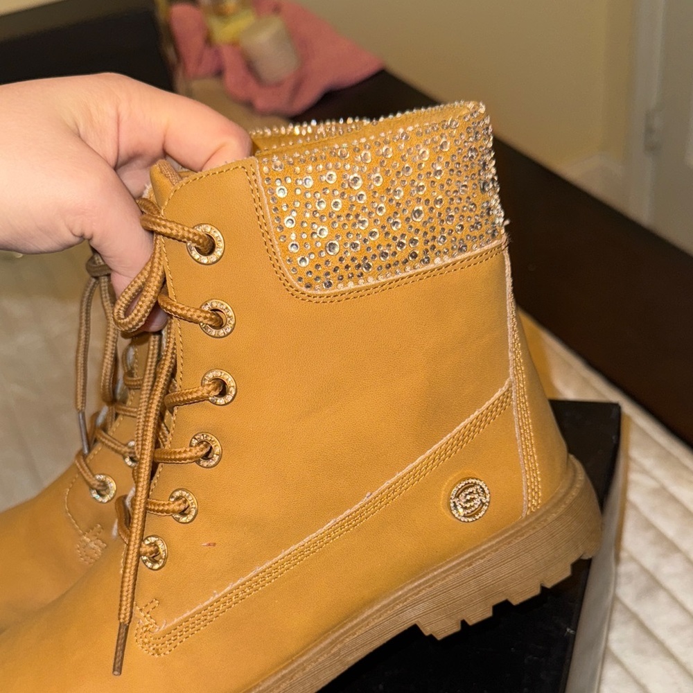 Bebe Mustard Lace-Up Boots with Glittering Cuff - Picture 13 of 16